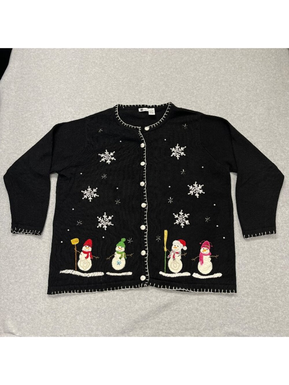 Vintage KB & Company Christmas Sweater Womens Size 2X Snowman Cardigan Black